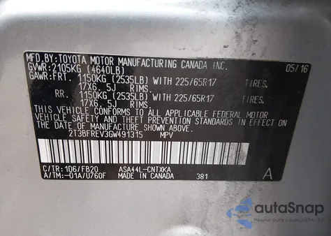 2016 Toyota Rav4 Le from USA, damaged, VIN 2T3BFREV3GW491315